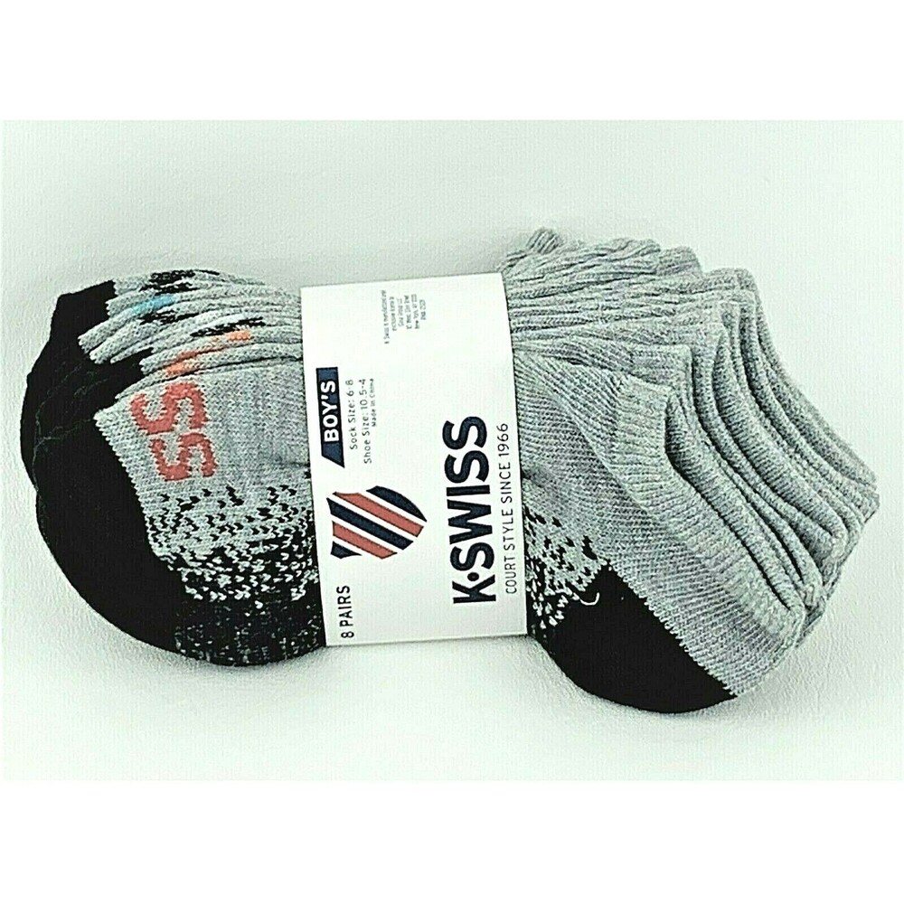 K Swiss Boys 8 Pairs Low Cut Socks Grey/Black w Color Size 6-8 Shoe Size 10.5-4